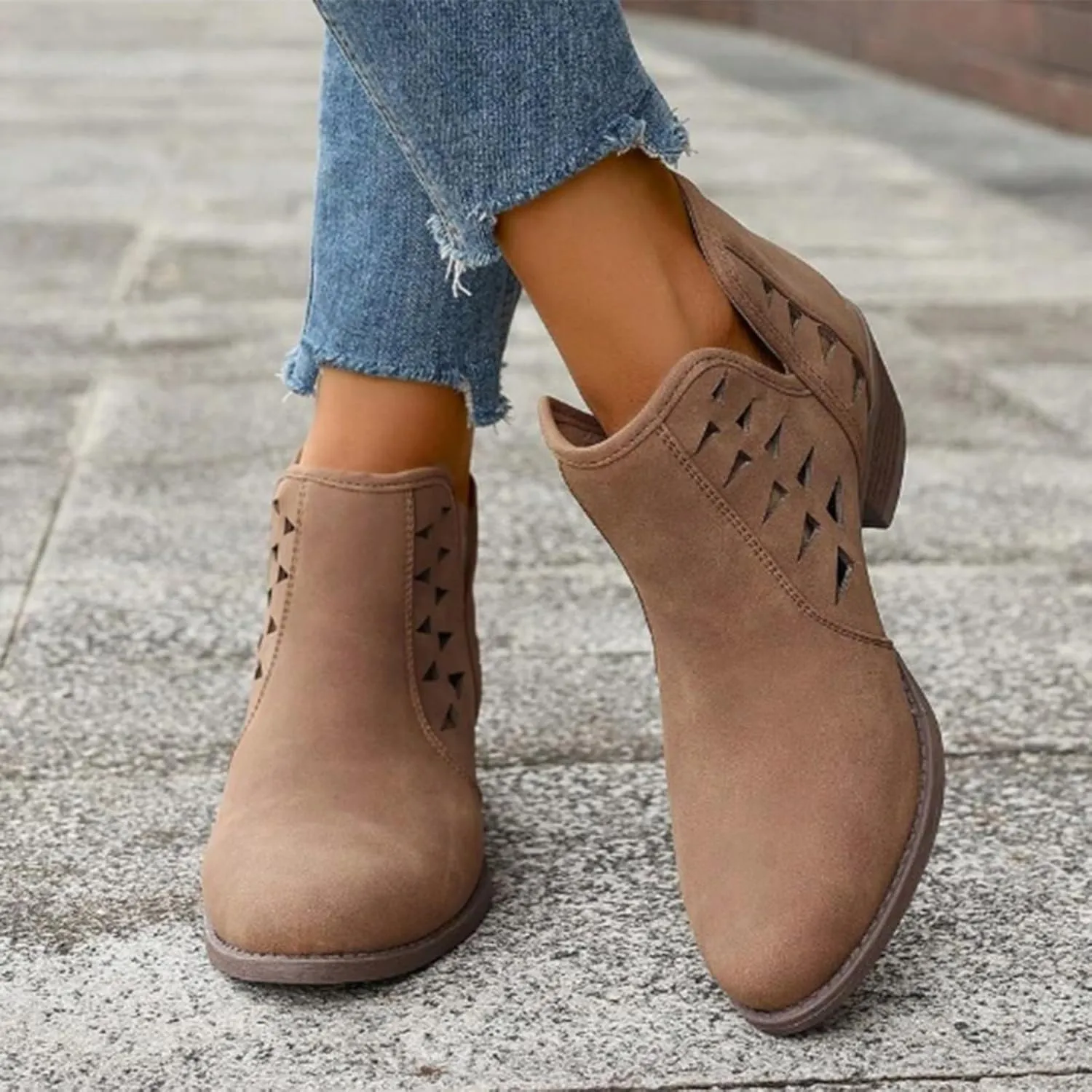 Women's Ankle Boots & Booties Low Heel Winter Boots for Women 2024 Fashion Casual V-Cut Triangle Shape Hollow Shoes