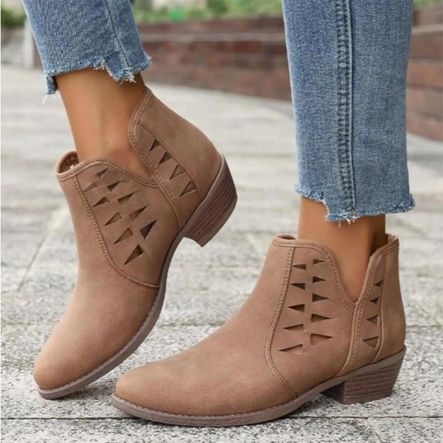 Women's Ankle Boots & Booties Low Heel Winter Boots for Women 2024 Fashion Casual V-Cut Triangle Shape Hollow Shoes