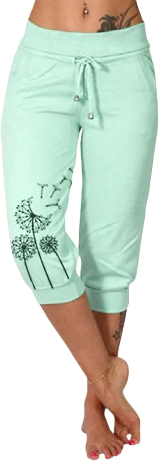 Womens Capri Leggings Athletic Workout Pants Fashion Floral Print Pants Comfy Drawstring Elastic Waist Pant with Pocket