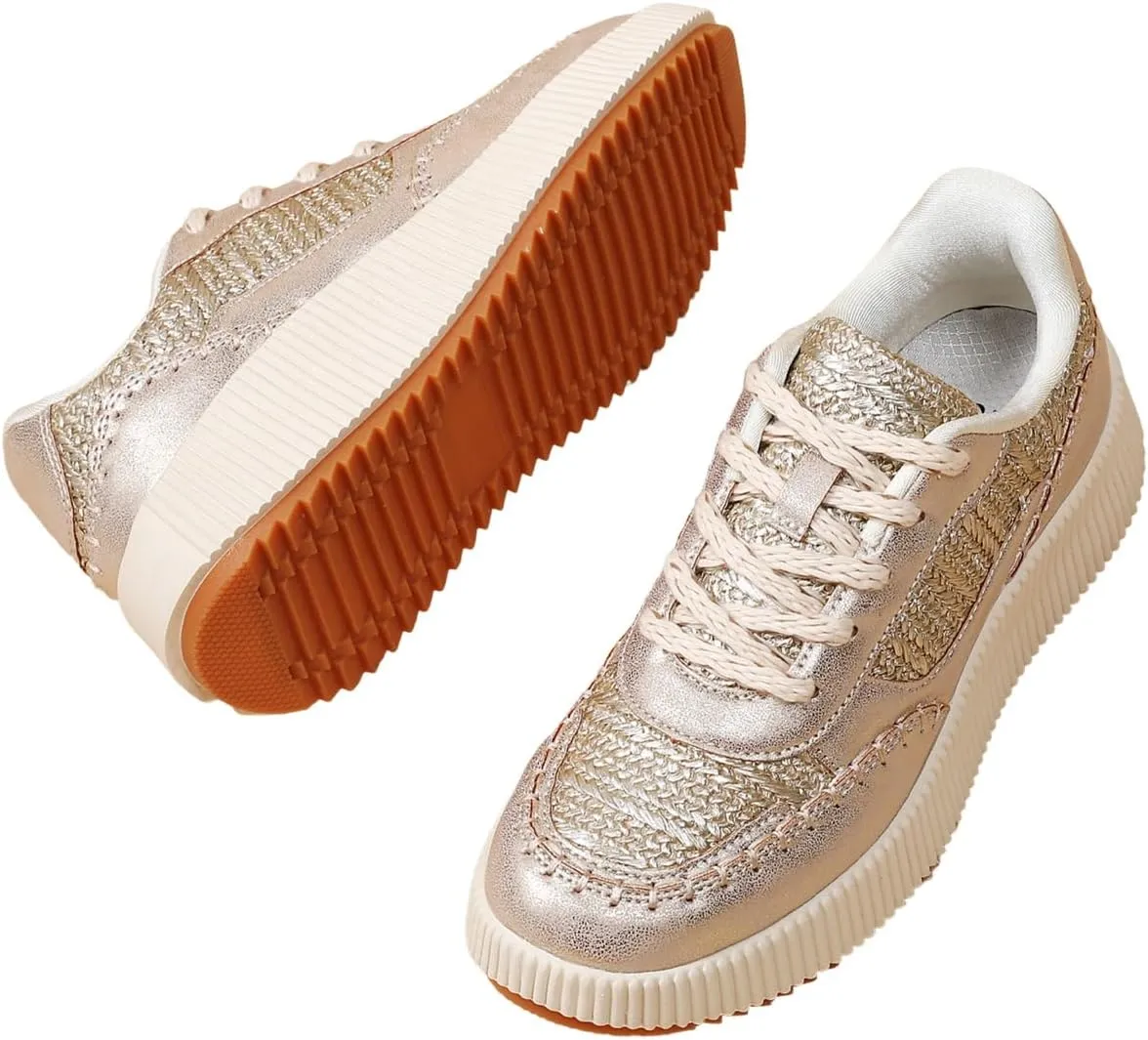 Womens Chunky Platform Sneakers | Orthopedic Walking Shoes with Arch Support | Breathable Knit Uppers | Casual Shoes with Non-Slip Rubber Outsole | Perfect for Travel, Shopping | White Tennis Shoes