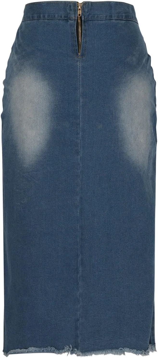 Womens Denim Midi Skirts Fashion Bandage Retro Ripped Hem Bodycon Pencil Skirts 2025 Summer Trendy