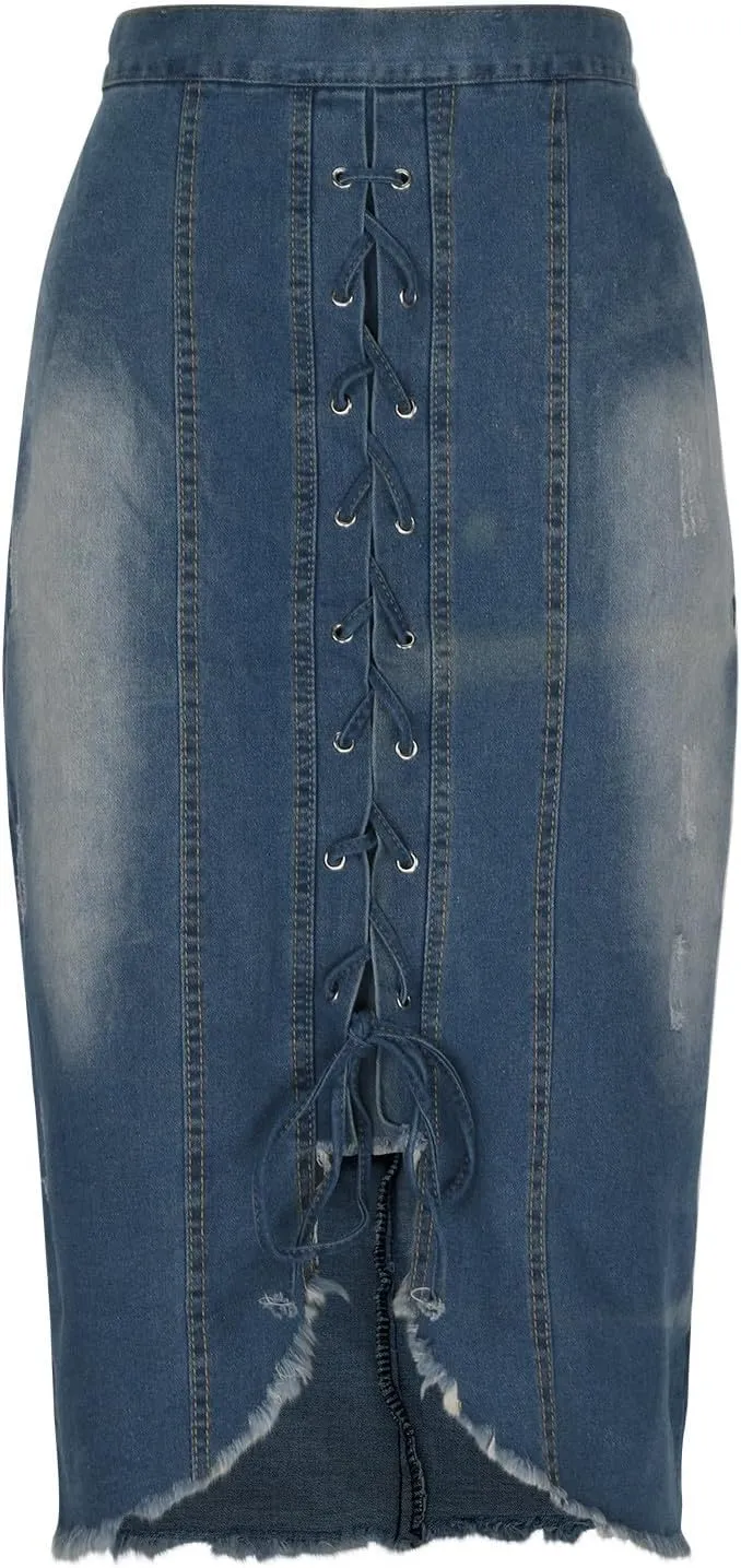 Womens Denim Midi Skirts Fashion Bandage Retro Ripped Hem Bodycon Pencil Skirts 2025 Summer Trendy