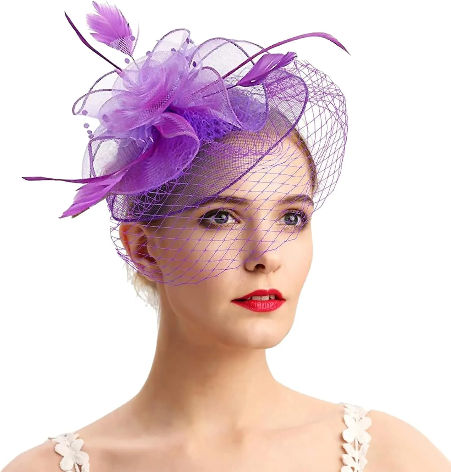 Women's Fascinators, Feathers Tea Party Hat, Headband with Hair Clip for Cocktail Church Red Feathers (Purple, One Size)