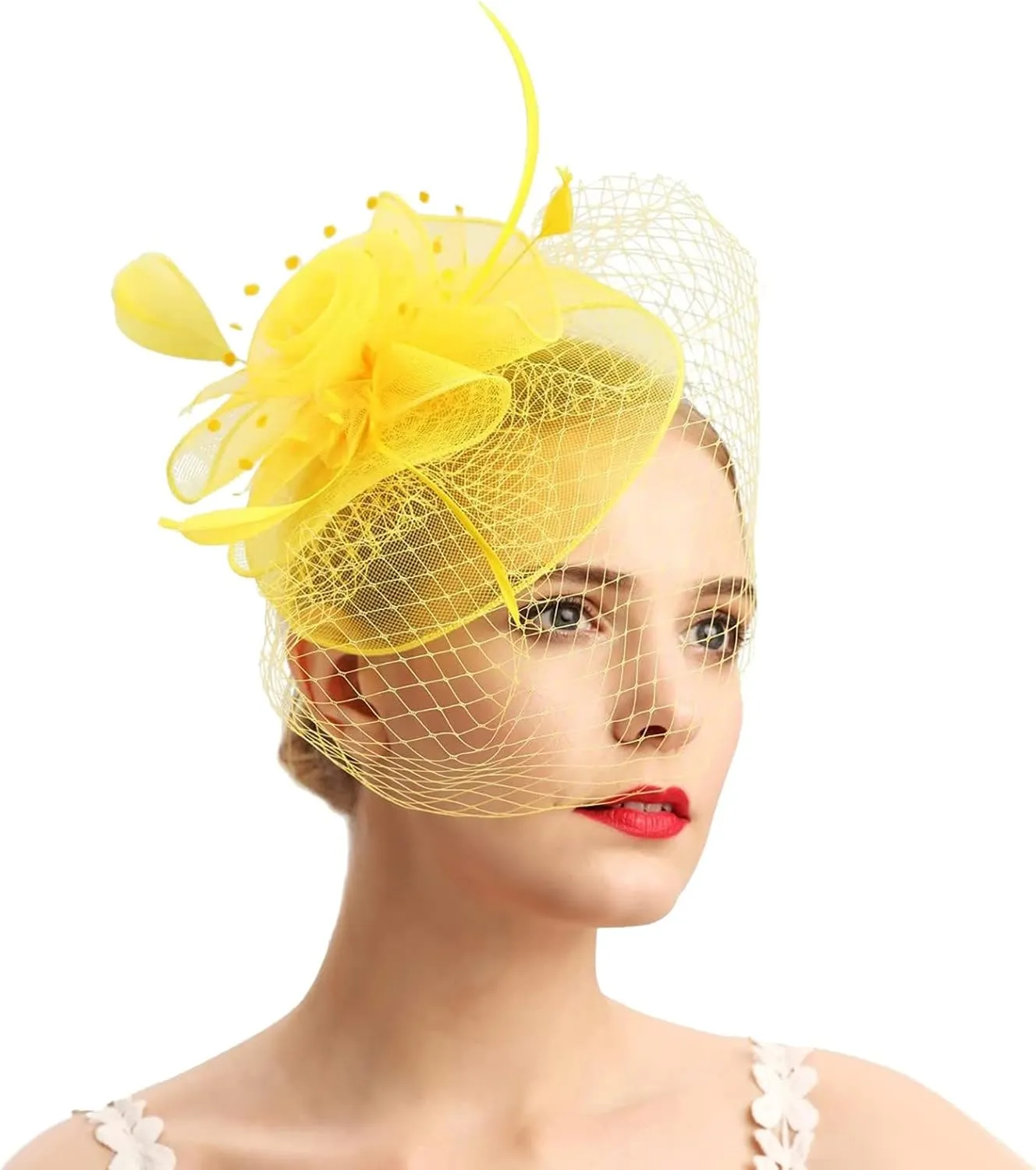 Women's Fascinators Hat for Tea Party Church Cocktail Ribbons Feather Polka Dots Headwear Fascinator for Women Hair Clip Hat