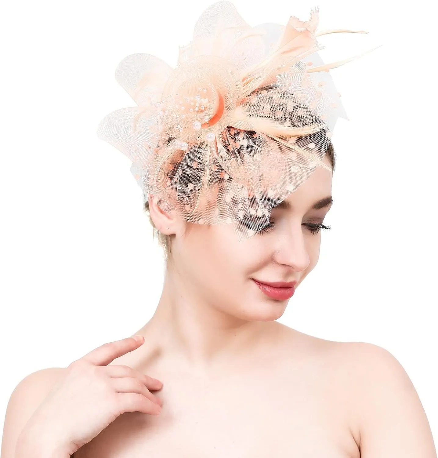 Women's Fascinators Hats Tea Part Headband Derb Headpiece Feather Mesh Headwear ocktail Hair (Beige, One Size)