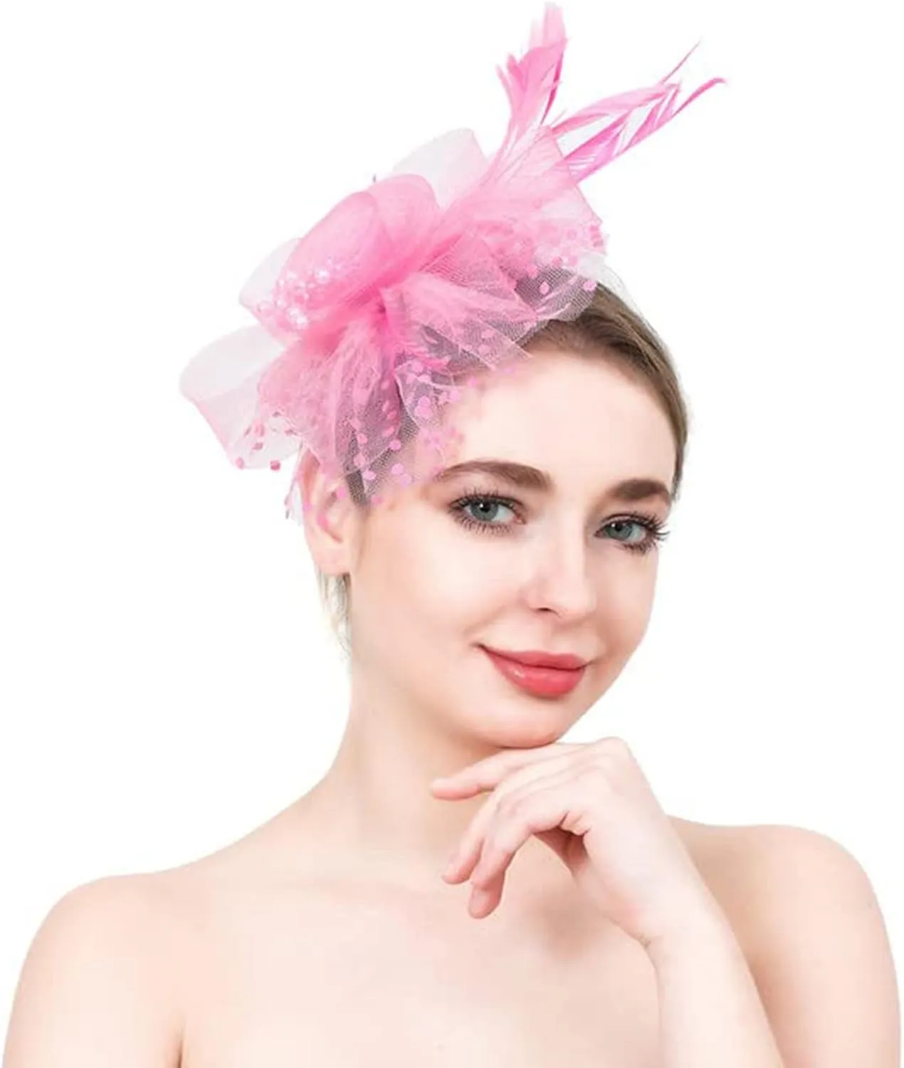 Women's Fascinators Hats Tea Part Headband Derb Headpiece Feather Mesh Headwear ocktail Hair Clip (Pink, One Size)