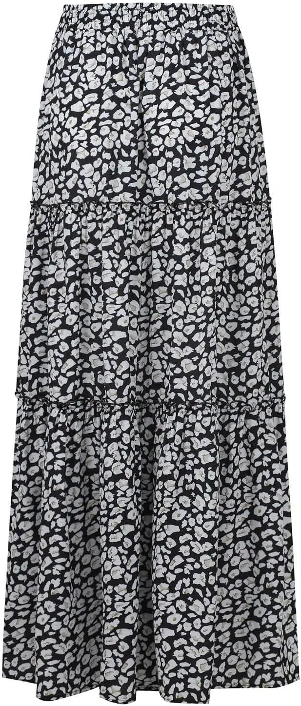 Womens Floral Print Boho Maxi Skirt Casual Elastic High Waist Pleated Ruffle Flowy Beach Long Maxi Skirts with Pockets