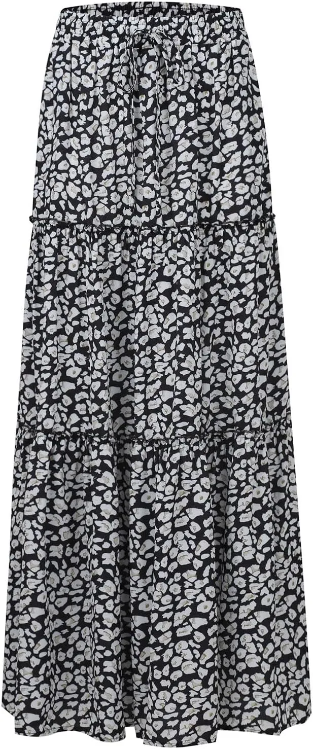 Womens Floral Print Boho Maxi Skirt Casual Elastic High Waist Pleated Ruffle Flowy Beach Long Maxi Skirts with Pockets