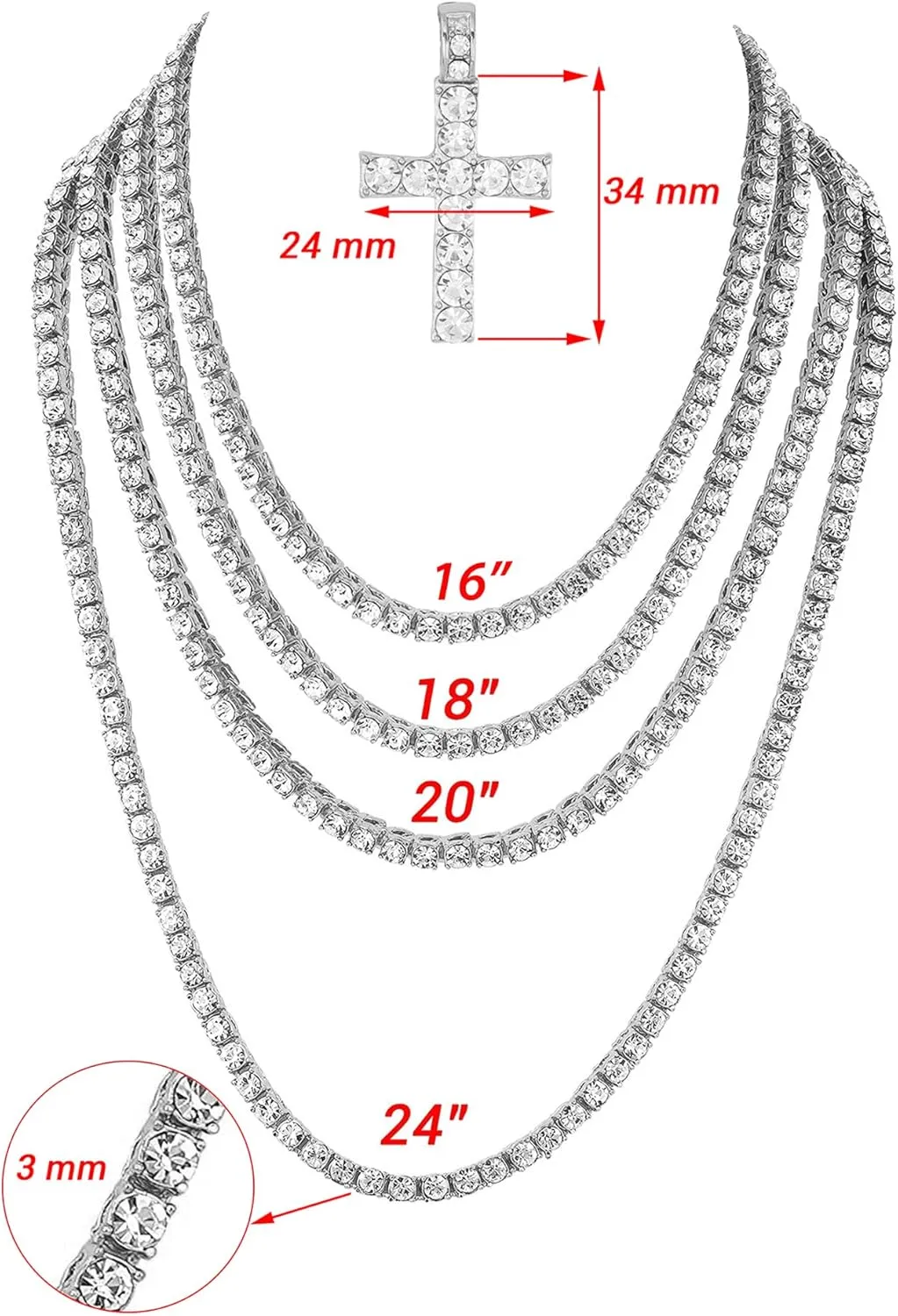 Women's Iced out Watches with Diamond Stud Earrings and Flawless blinged out Cross Tennis Necklace & Bracelet - 4pc Cross Set