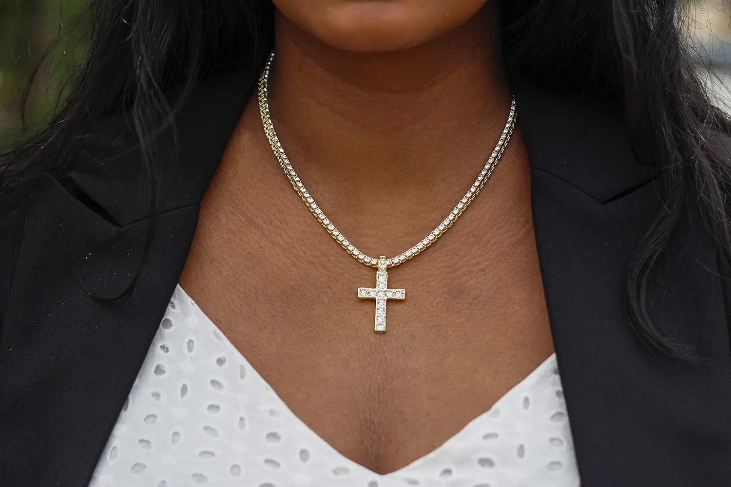 Women's Iced out Watches with Diamond Stud Earrings and Flawless blinged out Cross Tennis Necklace & Bracelet - 4pc Cross Set