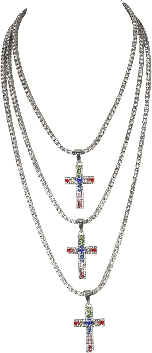 Women's Iced out Watches with Diamond Stud Earrings and Flawless blinged out Cross Tennis Necklace & Bracelet - 4pc Cross Set