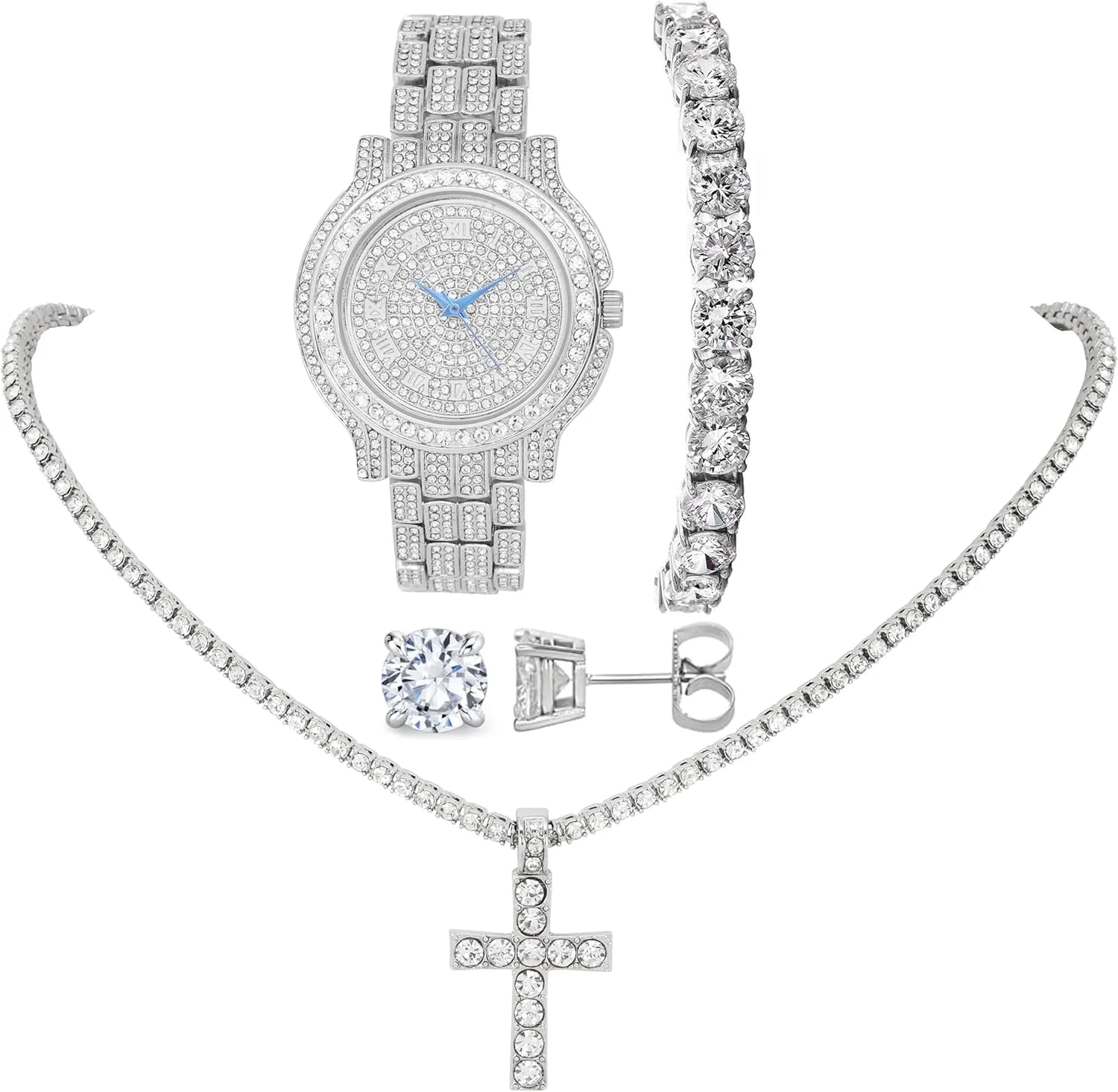 Women's Iced out Watches with Diamond Stud Earrings and Flawless blinged out Cross Tennis Necklace & Bracelet - 4pc Cross Set