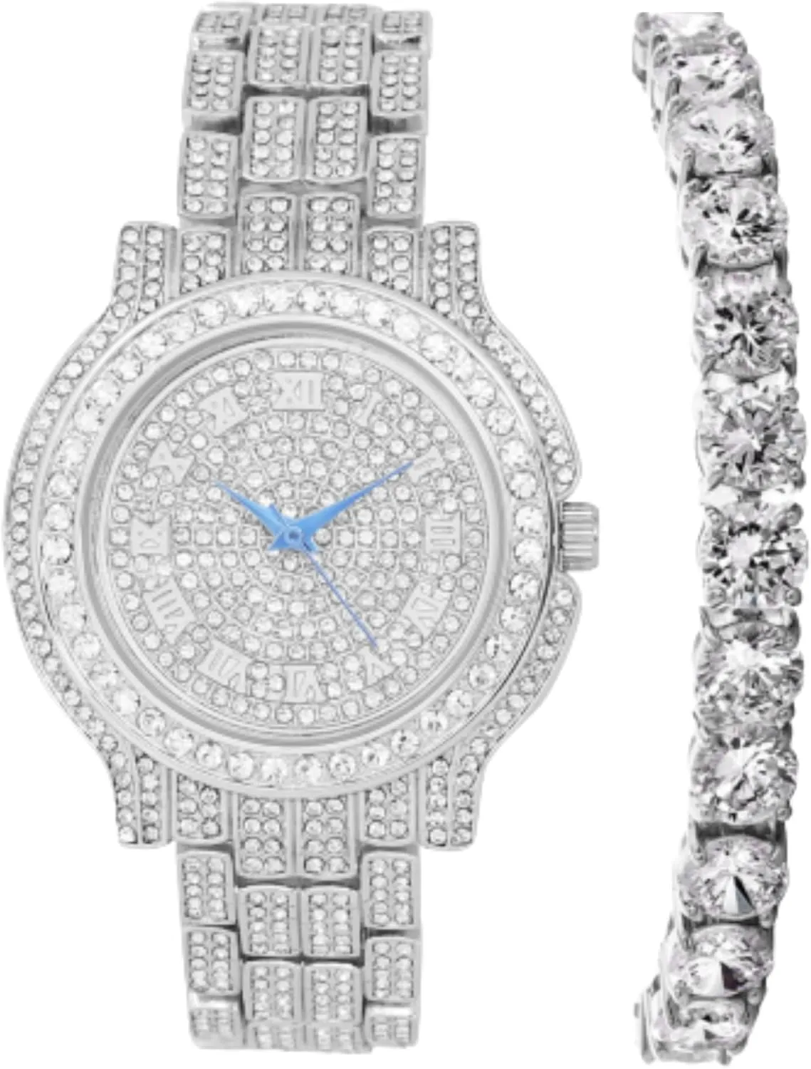 Women's Iced out Watches with Diamond Stud Earrings and Flawless blinged out Cross Tennis Necklace & Bracelet - 4pc Cross Set
