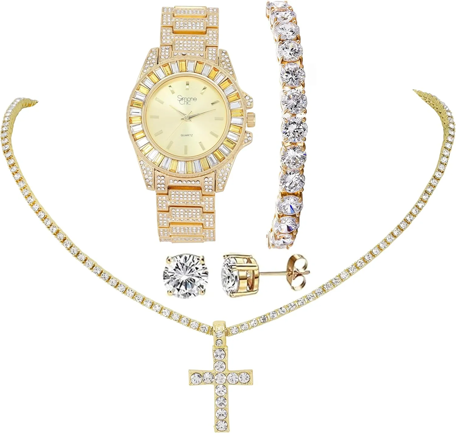 Women's Iced out Watches with Diamond Stud Earrings and Flawless blinged out Cross Tennis Necklace & Bracelet - 4pc Cross Set