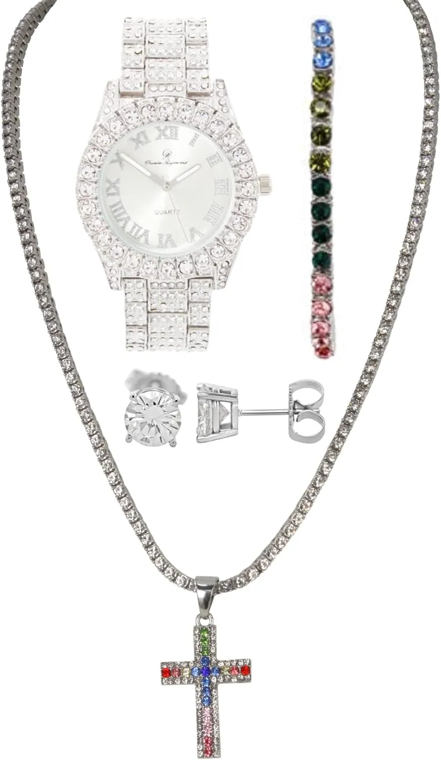 Women's Iced out Watches with Diamond Stud Earrings and Flawless blinged out Cross Tennis Necklace & Bracelet - 4pc Cross Set
