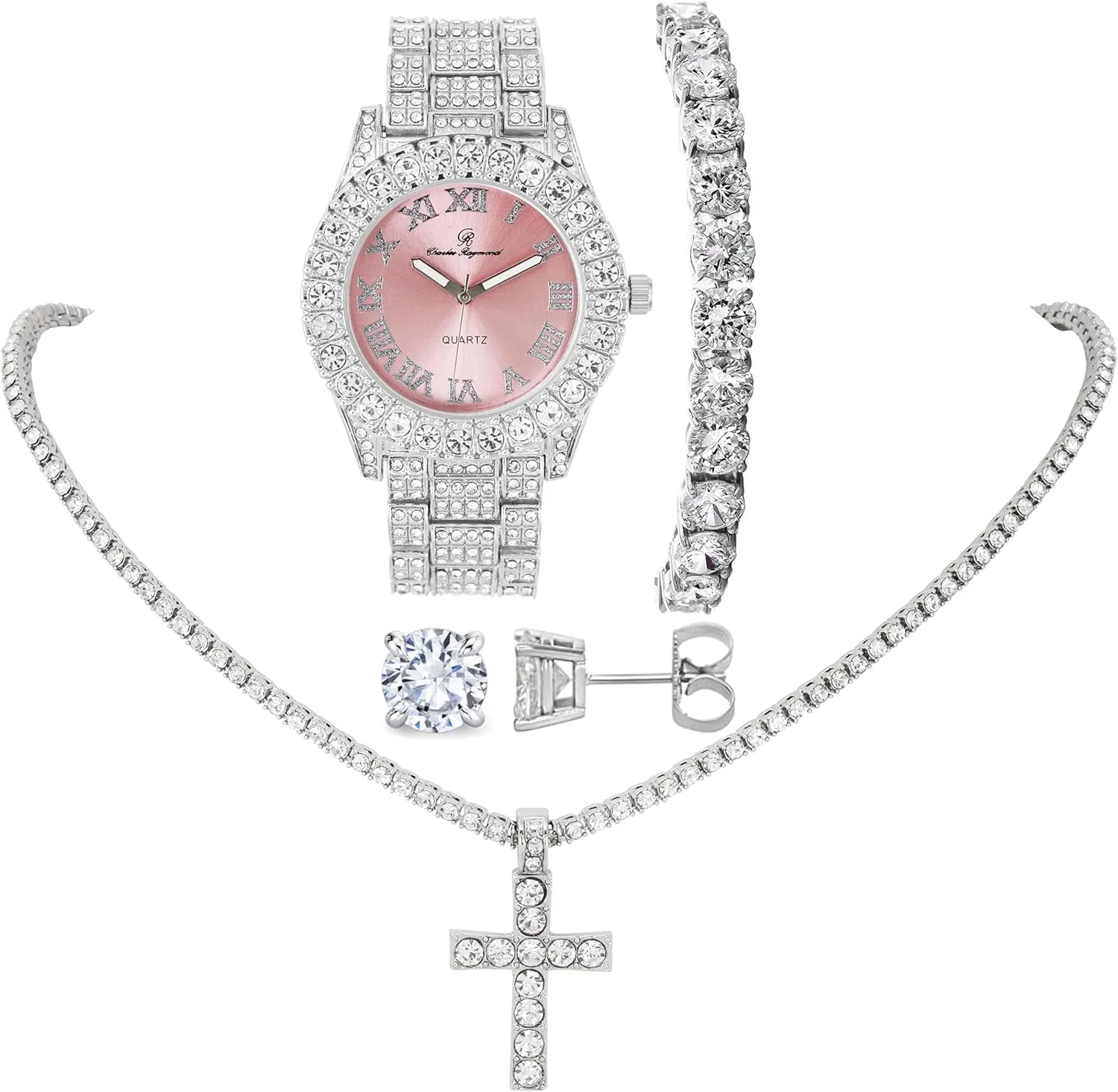 Women's Iced out Watches with Diamond Stud Earrings and Flawless blinged out Cross Tennis Necklace & Bracelet - 4pc Cross Set