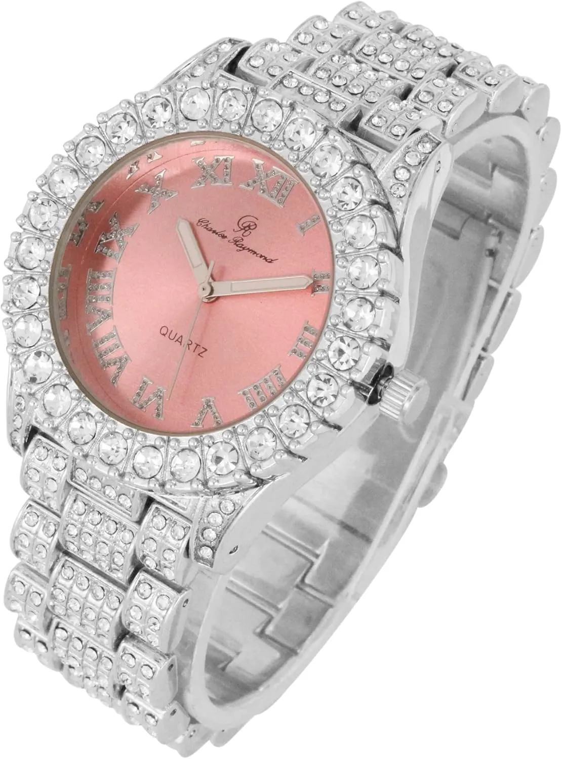 Women's Iced out Watches with Diamond Stud Earrings and Flawless blinged out Cross Tennis Necklace & Bracelet - 4pc Cross Set