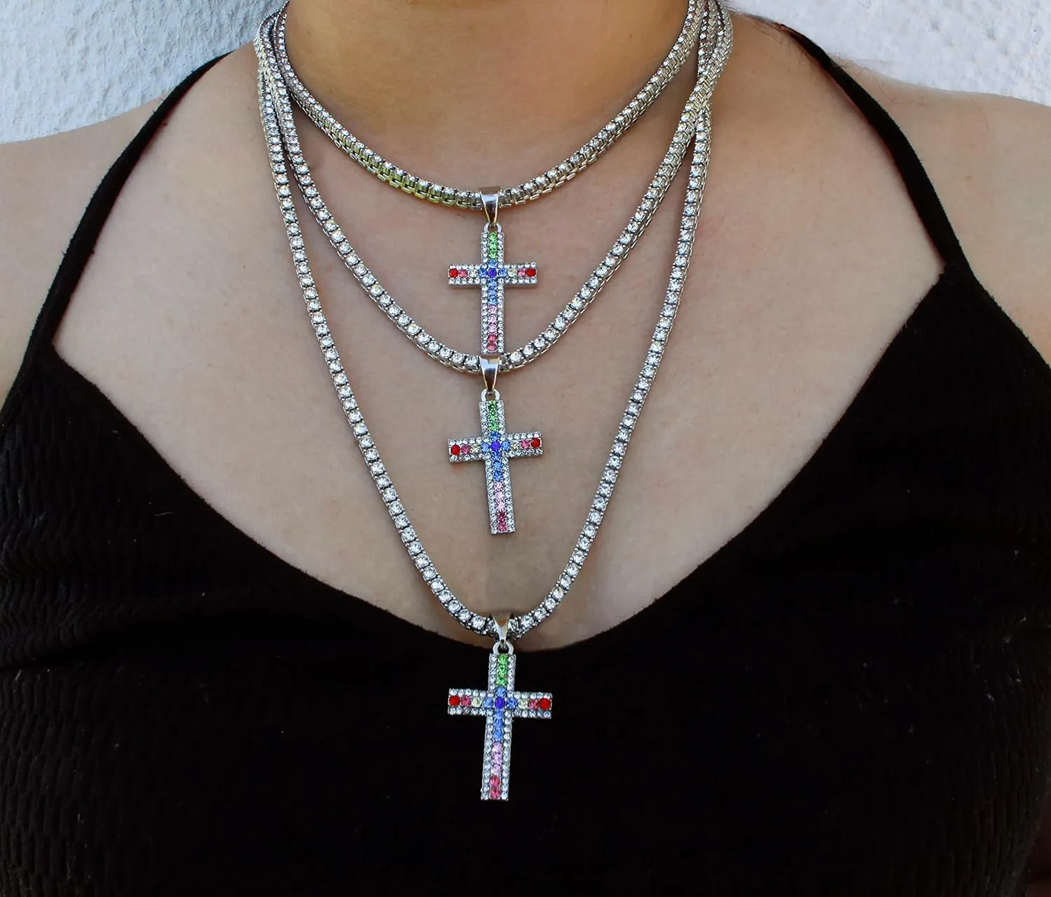 Women's Iced out Watches with Diamond Stud Earrings and Flawless blinged out Cross Tennis Necklace & Bracelet - 4pc Cross Set