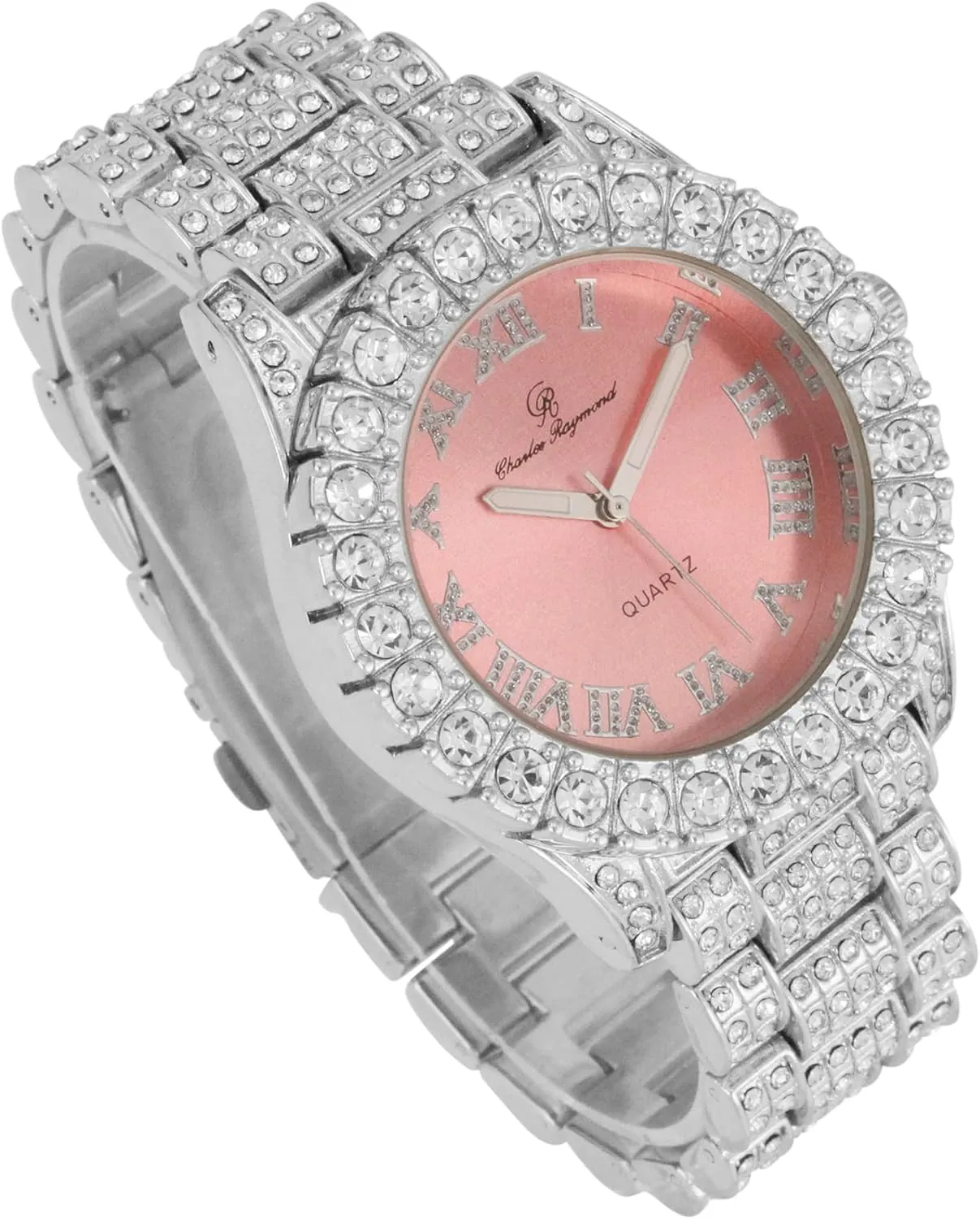 Women's Iced out Watches with Diamond Stud Earrings and Flawless blinged out Cross Tennis Necklace & Bracelet - 4pc Cross Set