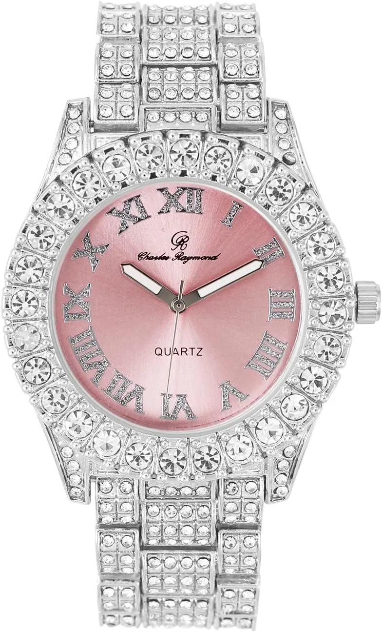 Women's Iced out Watches with Diamond Stud Earrings and Flawless blinged out Cross Tennis Necklace & Bracelet - 4pc Cross Set
