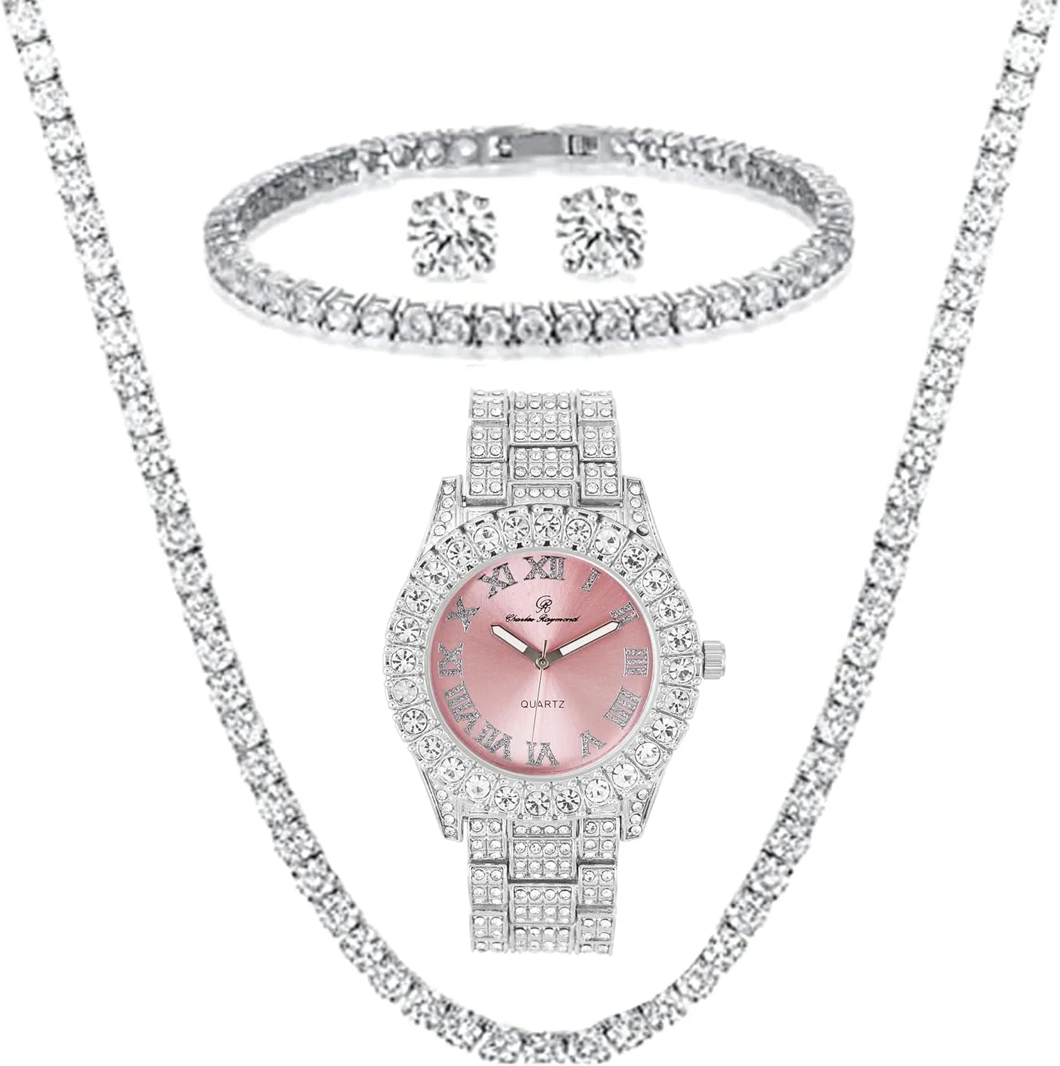 Women's Iced out Watches with Diamond Stud Earrings and Flawless blinged out Cross Tennis Necklace & Bracelet - 4pc Cross Set