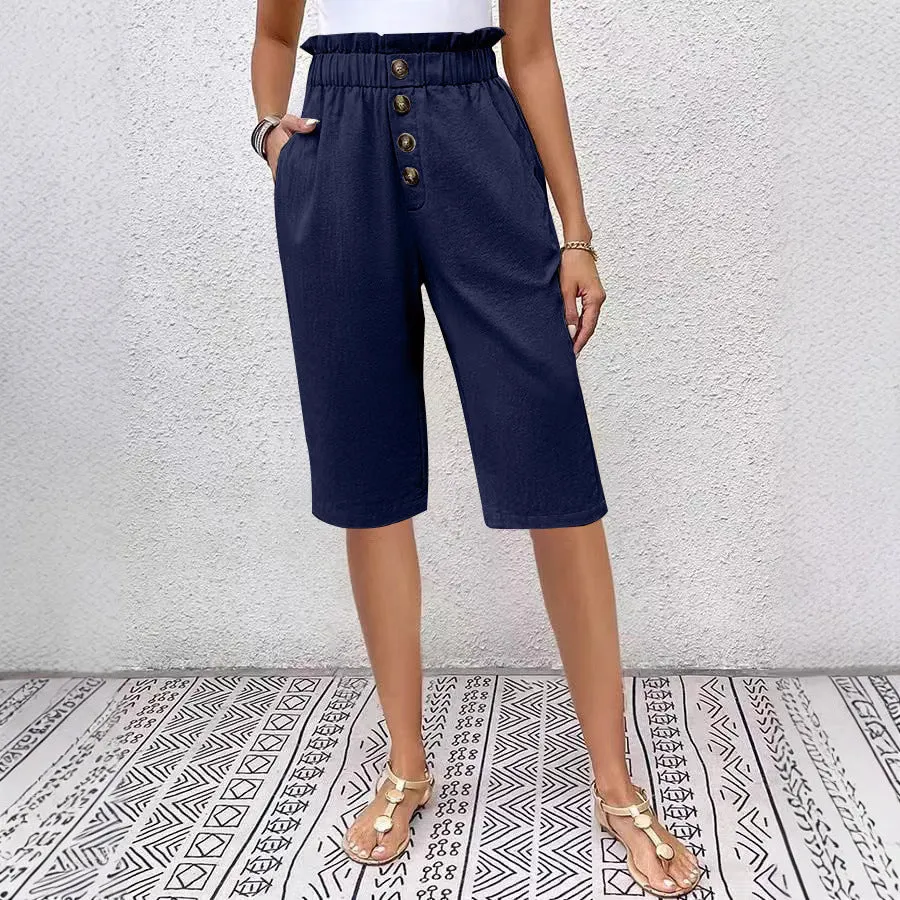 Womens Knee-Length Shorts  Lightweight Linen  High Waist Paperbag  Relaxed Fit
