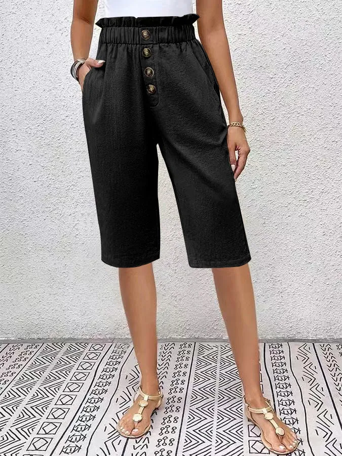 Womens Knee-Length Shorts  Lightweight Linen  High Waist Paperbag  Relaxed Fit