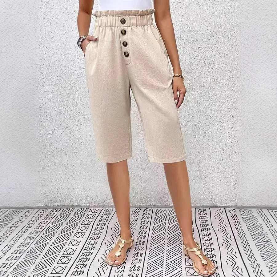 Womens Knee-Length Shorts  Lightweight Linen  High Waist Paperbag  Relaxed Fit