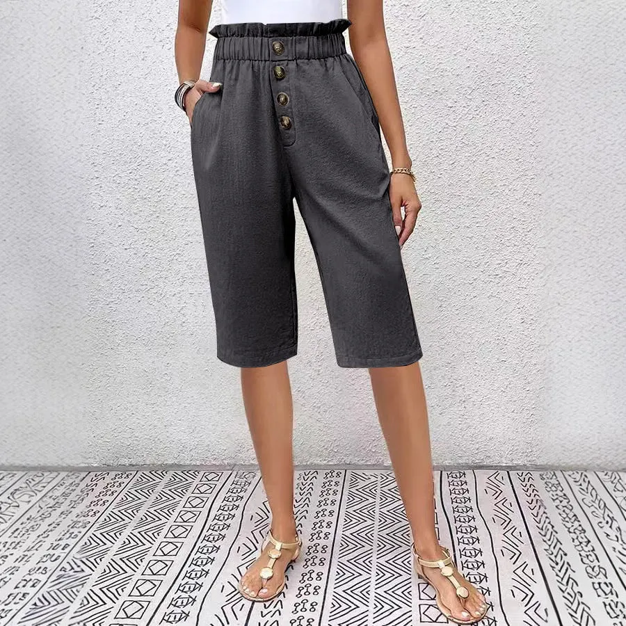 Womens Knee-Length Shorts  Lightweight Linen  High Waist Paperbag  Relaxed Fit