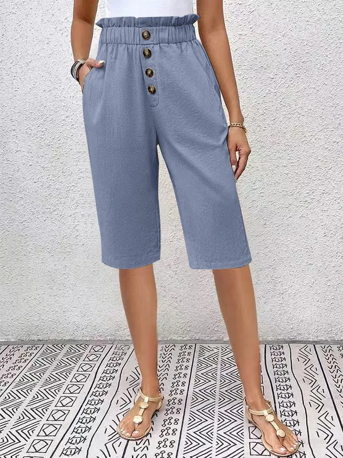 Womens Knee-Length Shorts  Lightweight Linen  High Waist Paperbag  Relaxed Fit