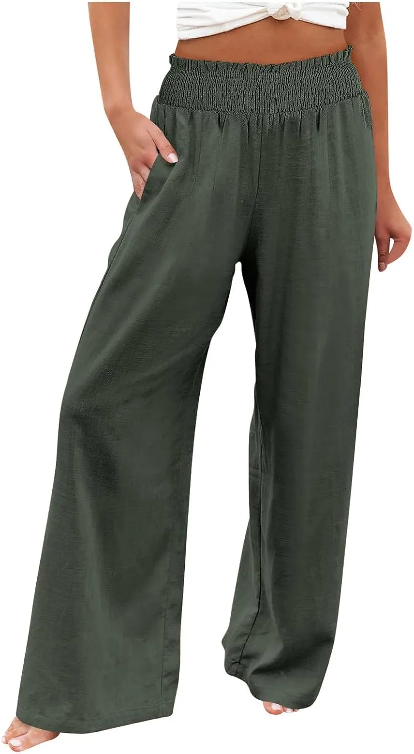 Womens Linen Summer Floral Pant Trousers Elastic Waisted Lounge Pants Plus Size Pants Travel