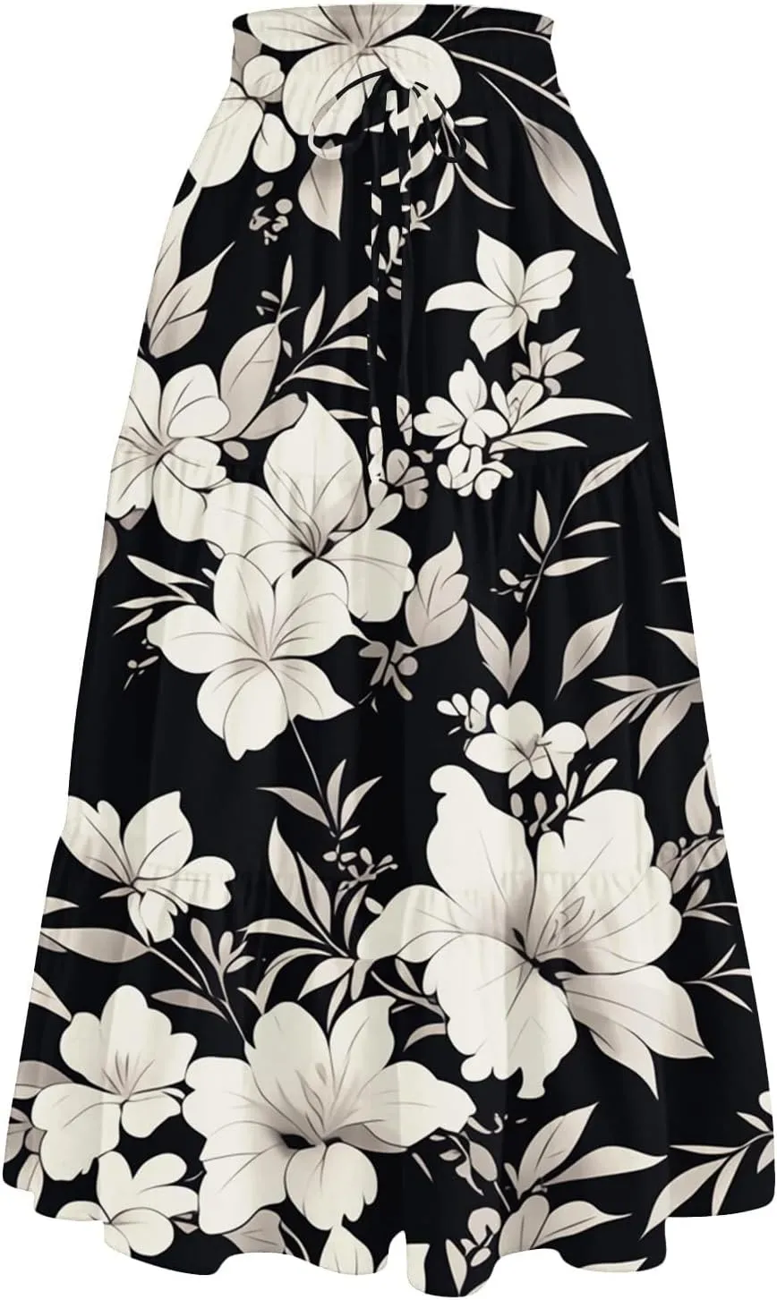Women's Maxi Dresses 2025 Floral Maxi Skirt Summer Comfy Tiered Elastic High Waisted Skirts Vacation, S-XL
