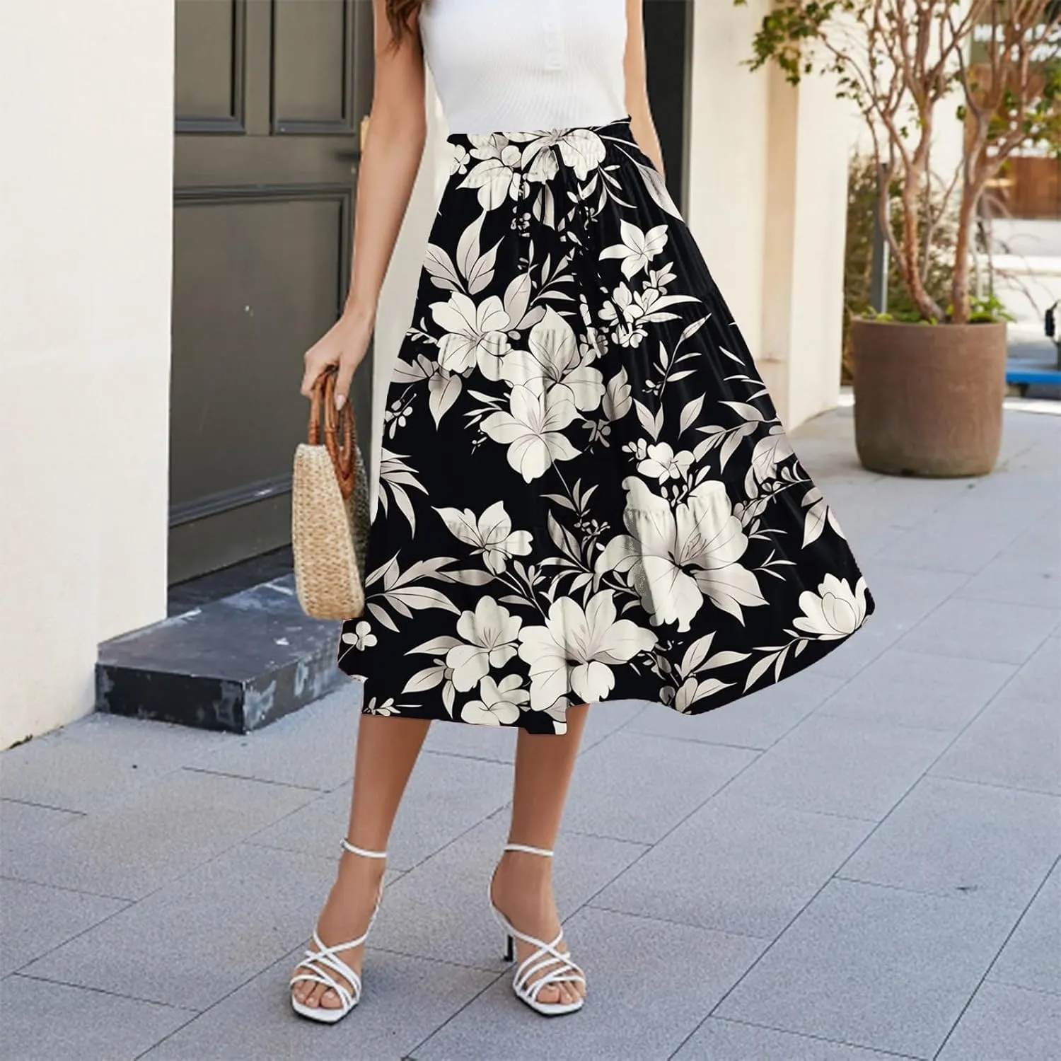 Women's Maxi Dresses 2025 Floral Maxi Skirt Summer Comfy Tiered Elastic High Waisted Skirts Vacation, S-XL