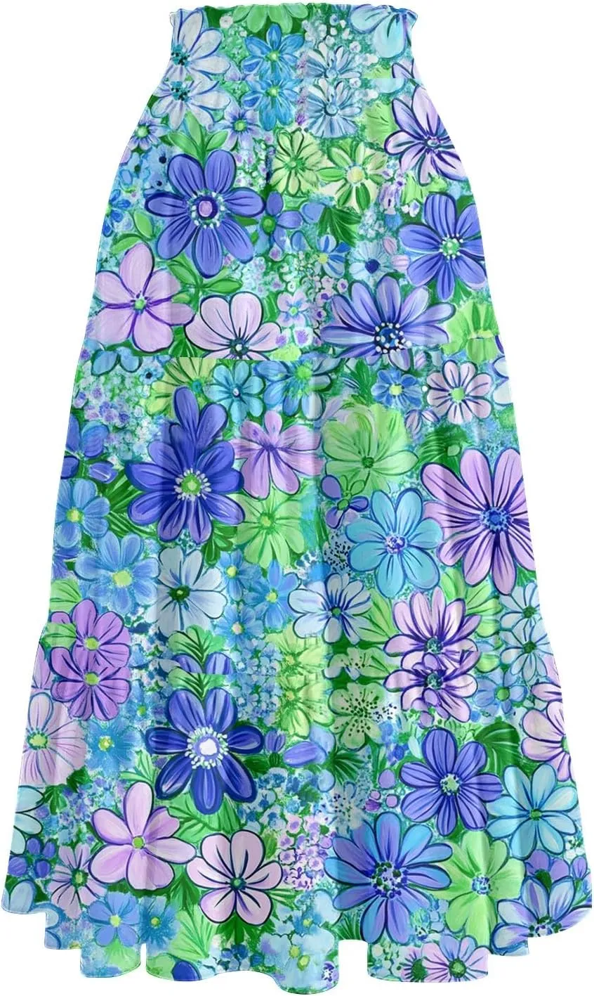 Womens Maxi Skirt Drawstring High Waisted Summer Skirts Lightweight Tiered Flowy Floral Pleated Skirts with Pockets