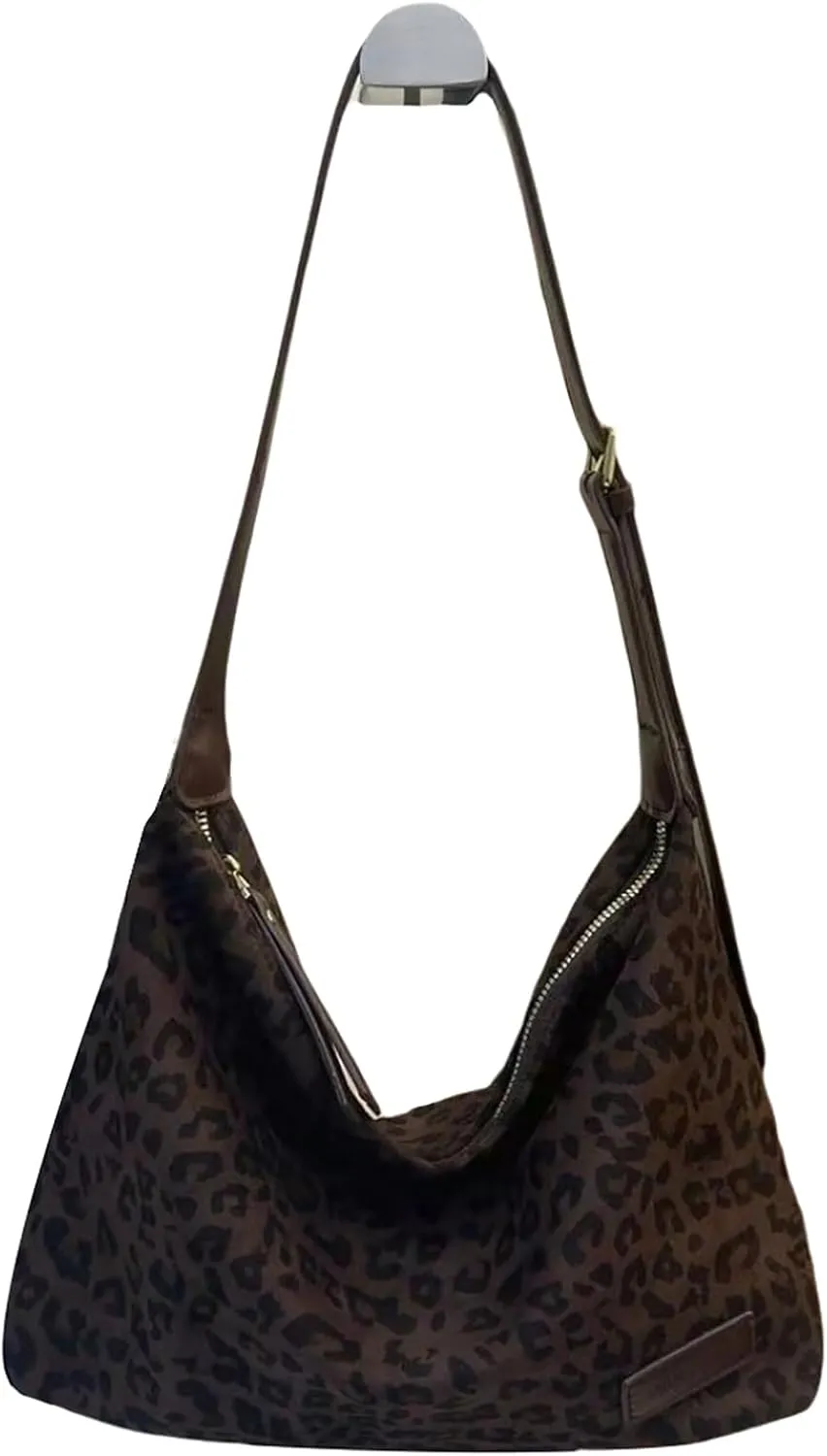 Women's Suede Leopard Tote Bag Cheetah Print Crescent Shoulder Purse Trendy Brown Ladies Hobo Bag Fall Big Work Hand Bags