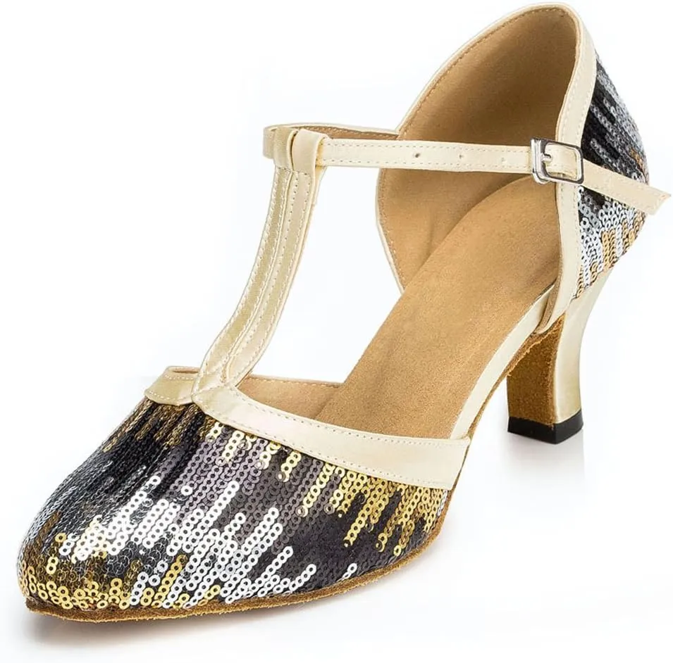 Women's Suede Sole Performance Sequins Ballroom Dance Shoes Latin Salsa Wedding Shoes