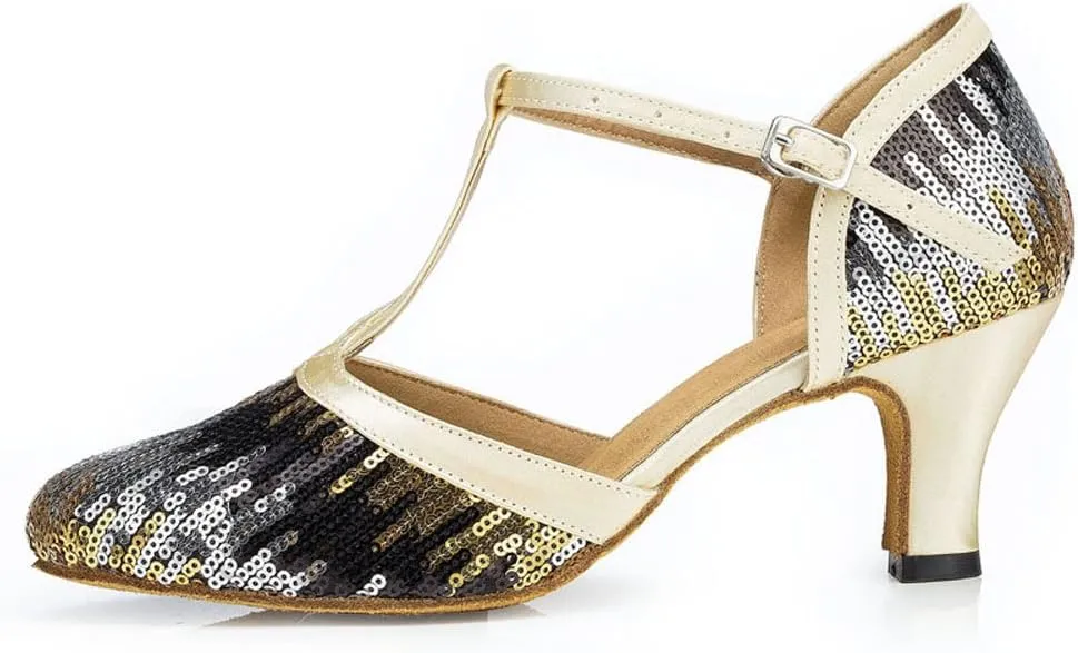 Women's Suede Sole Performance Sequins Ballroom Dance Shoes Latin Salsa Wedding Shoes