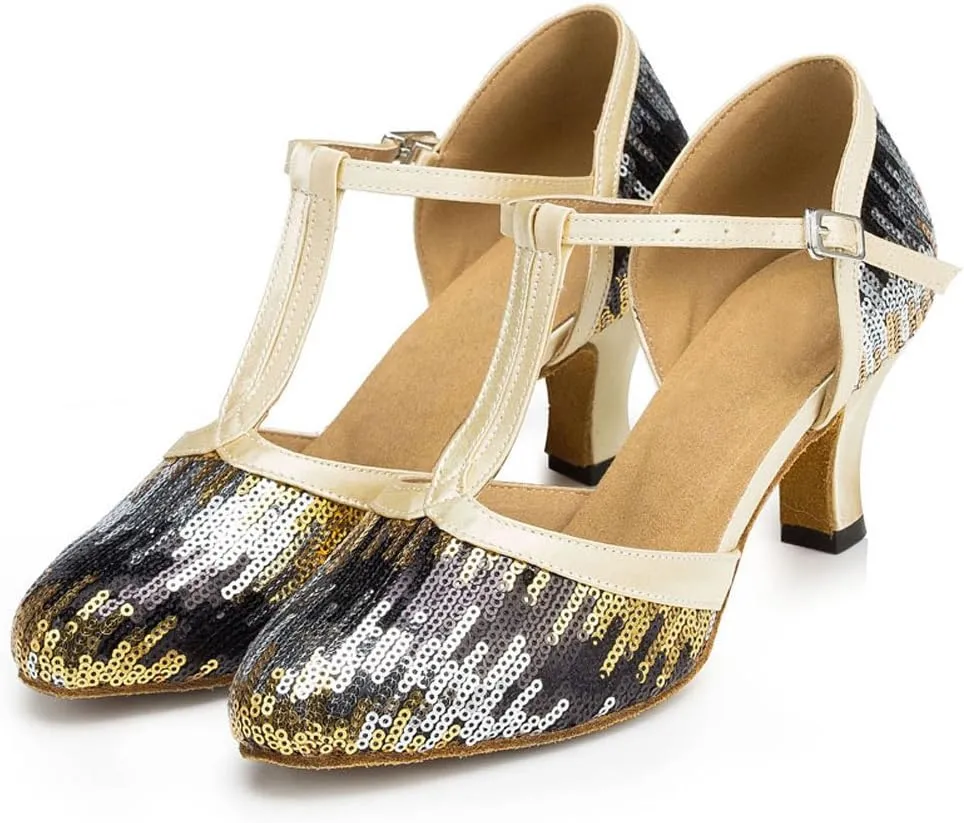 Women's Suede Sole Performance Sequins Ballroom Dance Shoes Latin Salsa Wedding Shoes