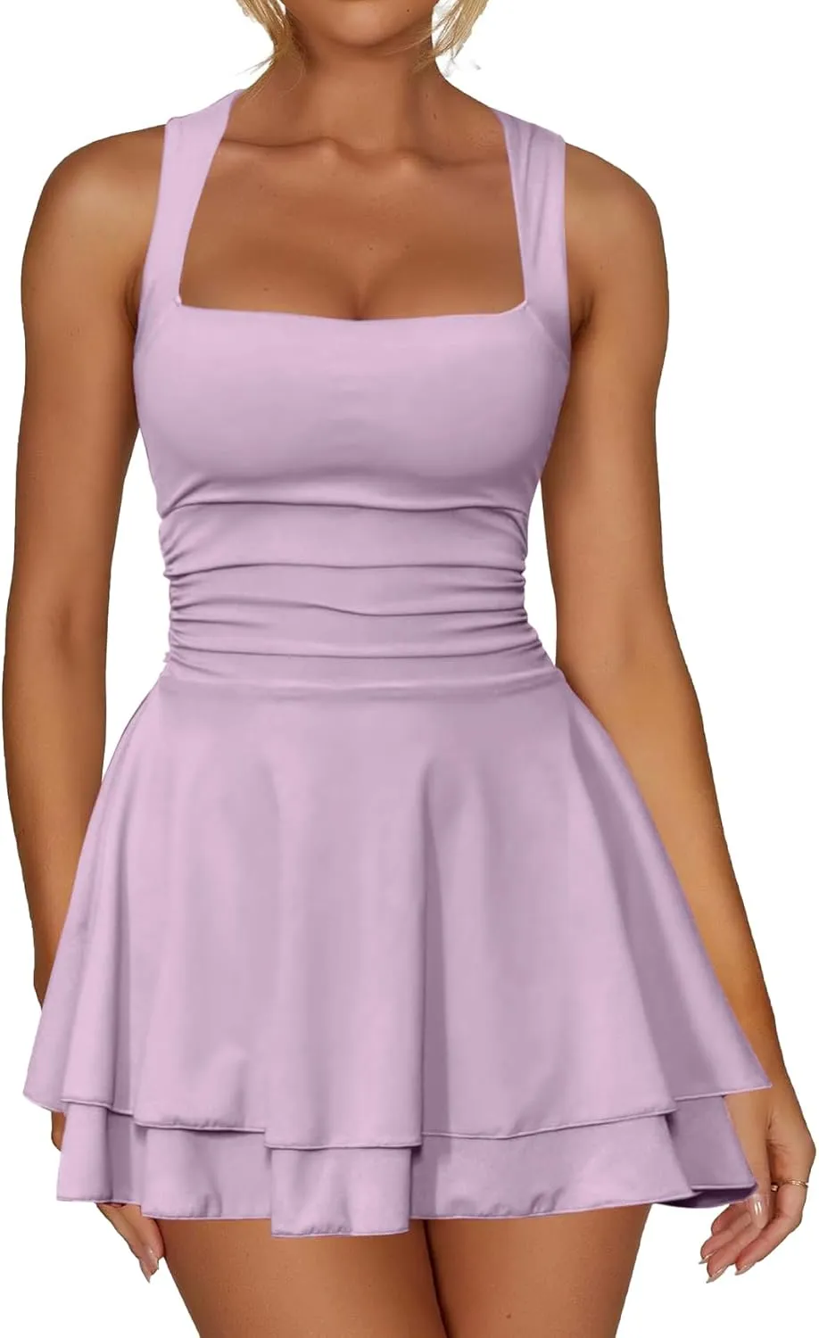 Women's Summer Ruffle Hem Square Neck Mini Dress Ruched Waist Short Party Dresses