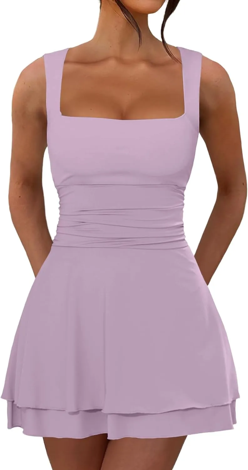 Women's Summer Ruffle Hem Square Neck Mini Dress Ruched Waist Short Party Dresses